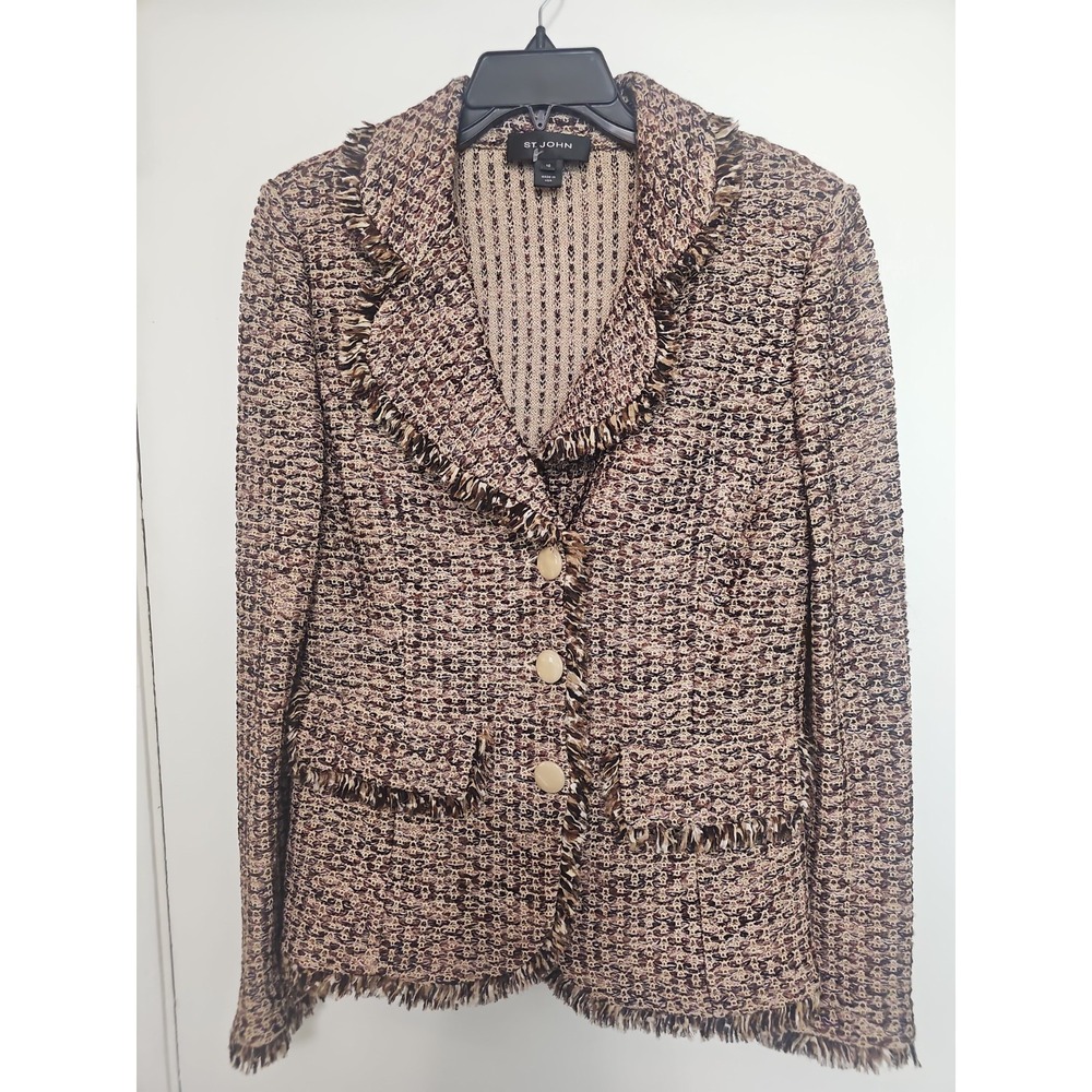 BEAUTIFUL St John jacket knit beige brown fringe multi suit blazer size 10